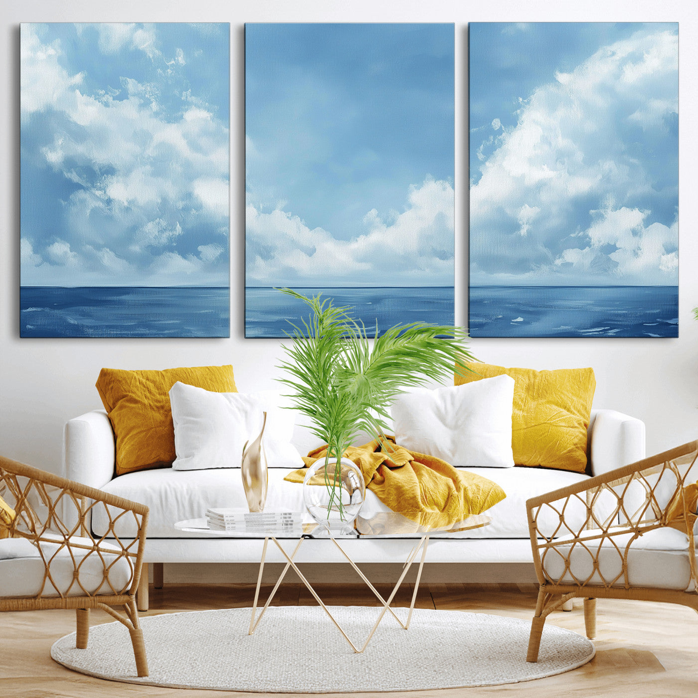 MGV-CV-60X30-3P - Abstract Ocean Print Artwork- Serene Blue Ocean Canvas Wall Art - Minimalist Ocean and Sky Canvas