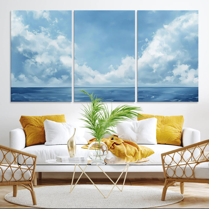 Abstract Ocean Print - Serene Blue Canvas displayed on a porch featuring minimalist decor.