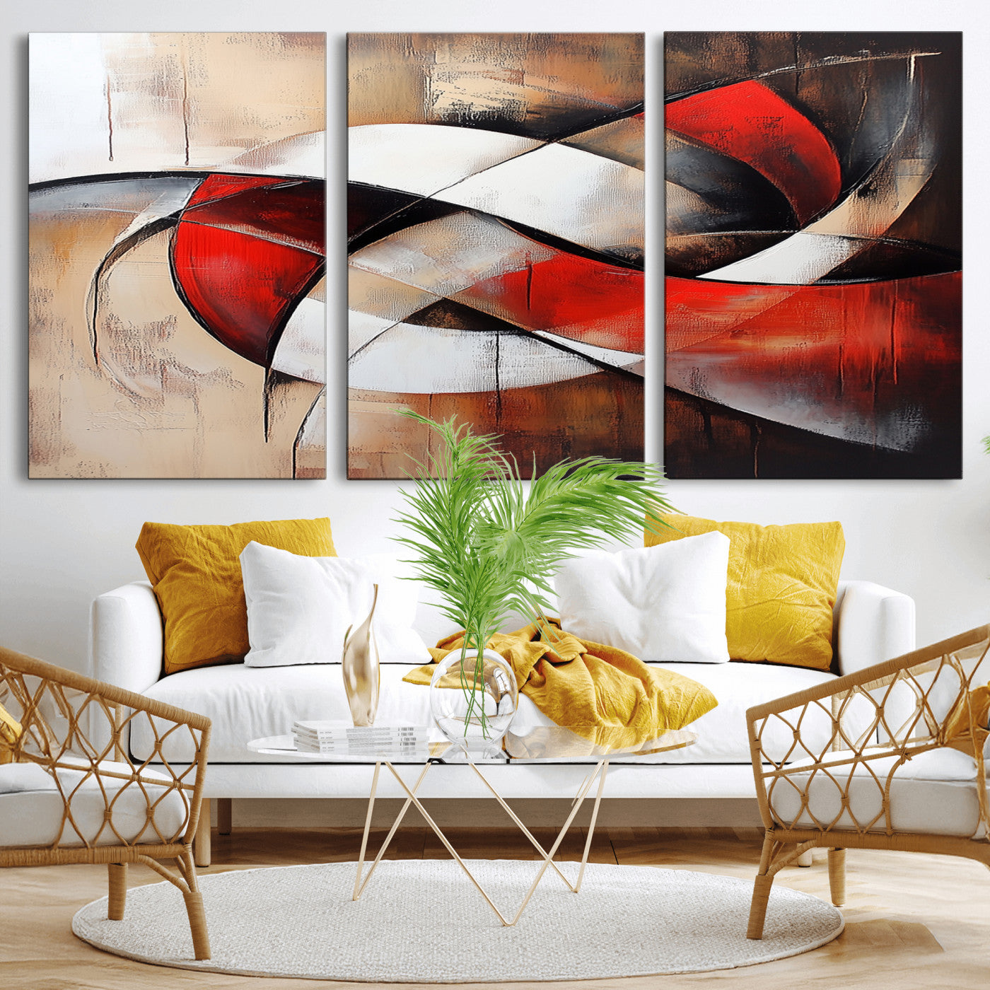 MGV-CV-60X30-3P - Abstract Wall Art - Modern Red and White Canvas Wall Art Print - Bold Geometric Abstract Canvas for