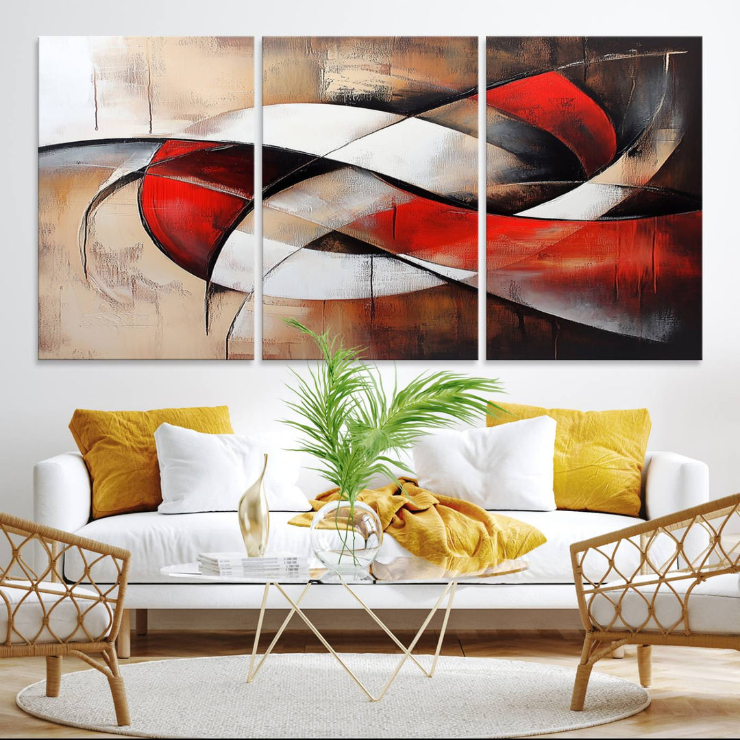 The Abstract Wall Art - Modern Red and White Canvas is displayed prominently in front of an entrance.