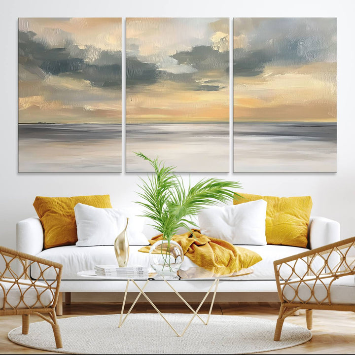 The Modern Coastal Wall Art Canvas Print features vibrant abstract ocean waves and clouds.