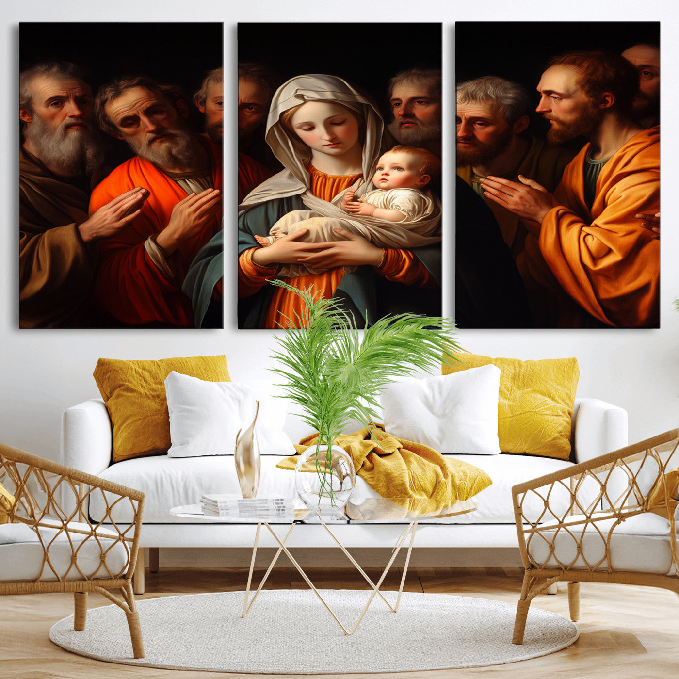 MGV-CV-60X30-3P - Religious Canvas Wall Art Print - Madonna and Child with Apostles Art Print - Classic Christian