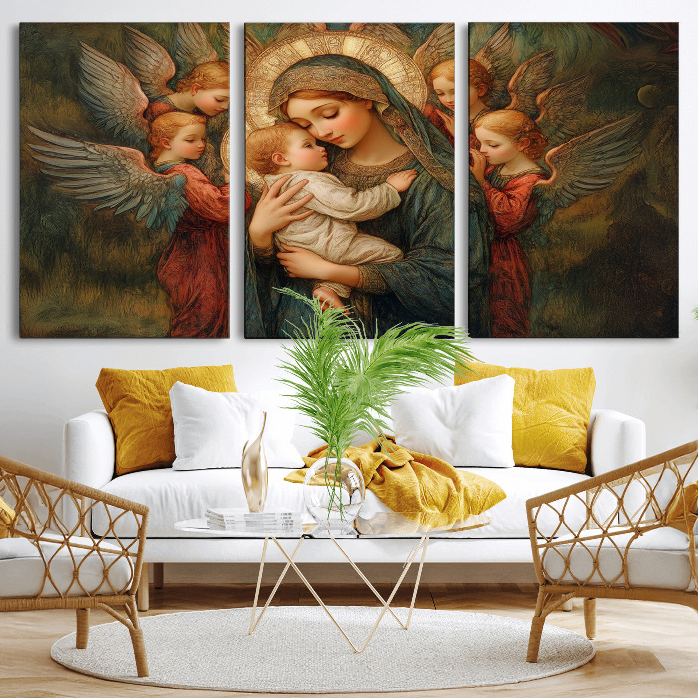 MGV-CV-60X30-3P - Mary Jesus Canvas Wall Art Print - Madonna and Child with Angels Art Print - Classic Christian