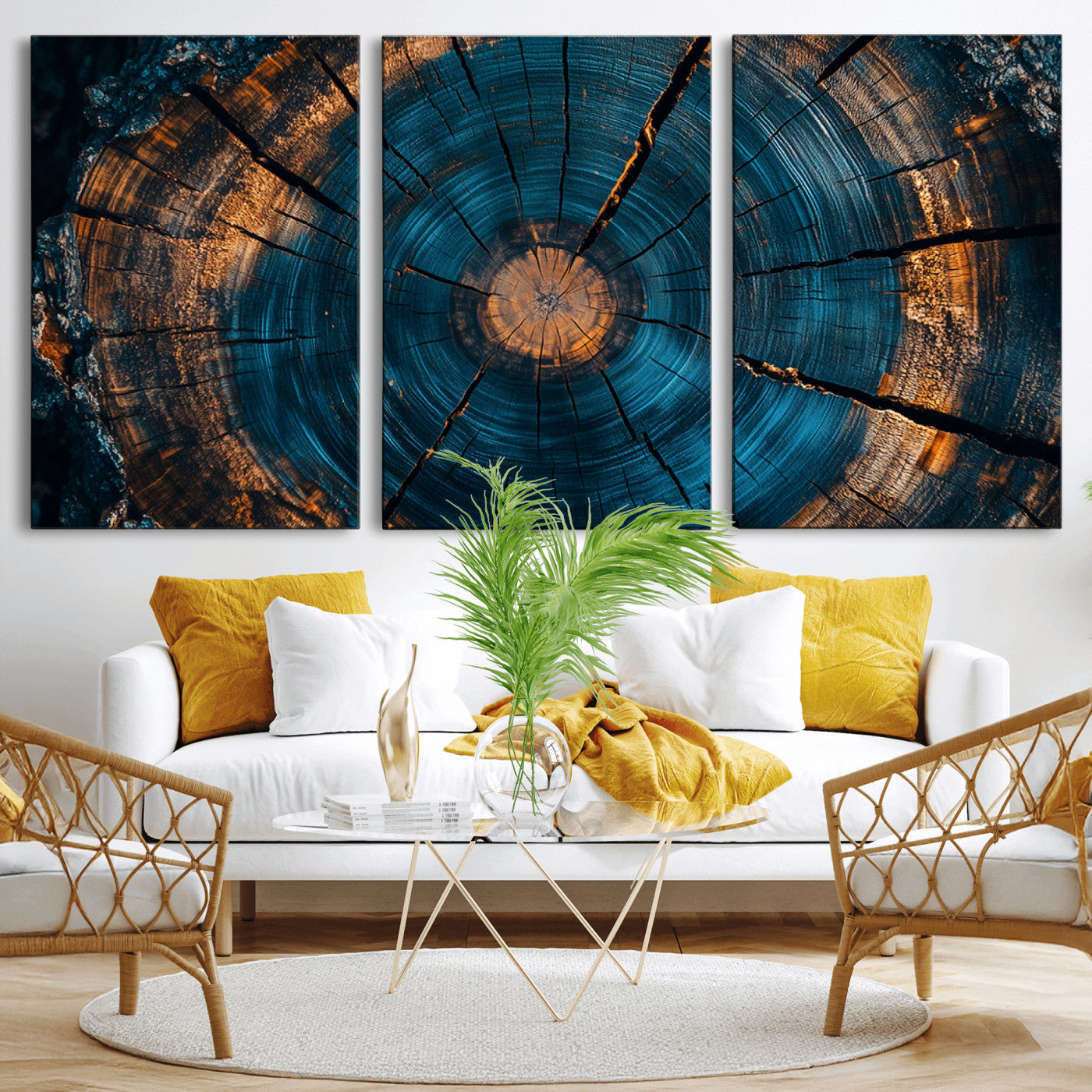 MGV-CV-60X30-3P - Farmhouse Wall Art - Abstract Tree Rings Canvas Wall Art Print, Framed Wood Grain Rings Artwork