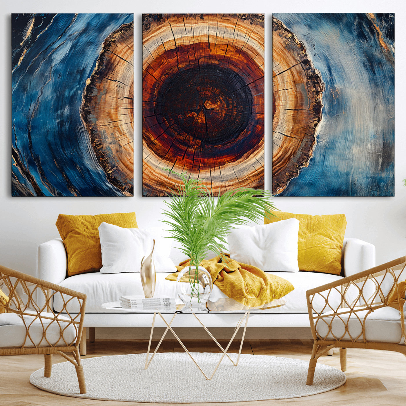 MGV-CV-60X30-3P - Framed Abstract Tree Ring Wall Art Print, Natural Rustic Wood Texture Canvas Print, Wood Tree Stump