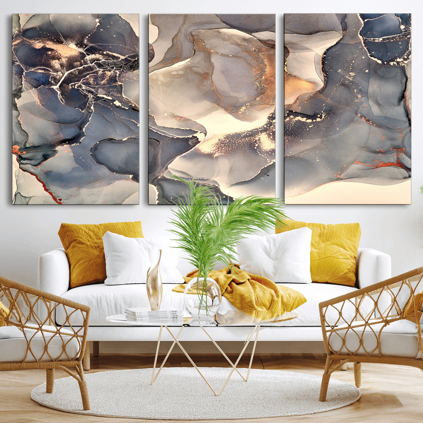 MGV-CV-60X30-3P - Abstract Blue and Gold Wall Art - Fluid Ink Artwork - Modern Luxury Wall Decor for Contemporary