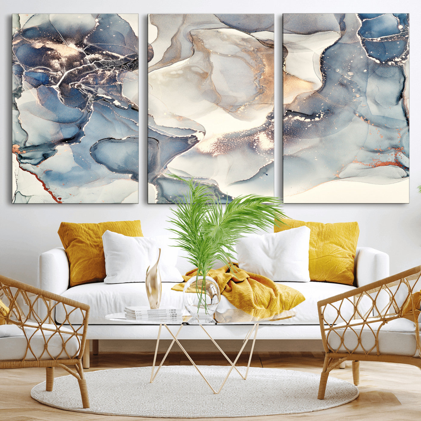 MGV-CV-60X30-3P - Abstract Blue and Gold Canvas Wall Art - Fluid Ink Artwork - Modern Luxury Wall Decor for Contemporary Interiors