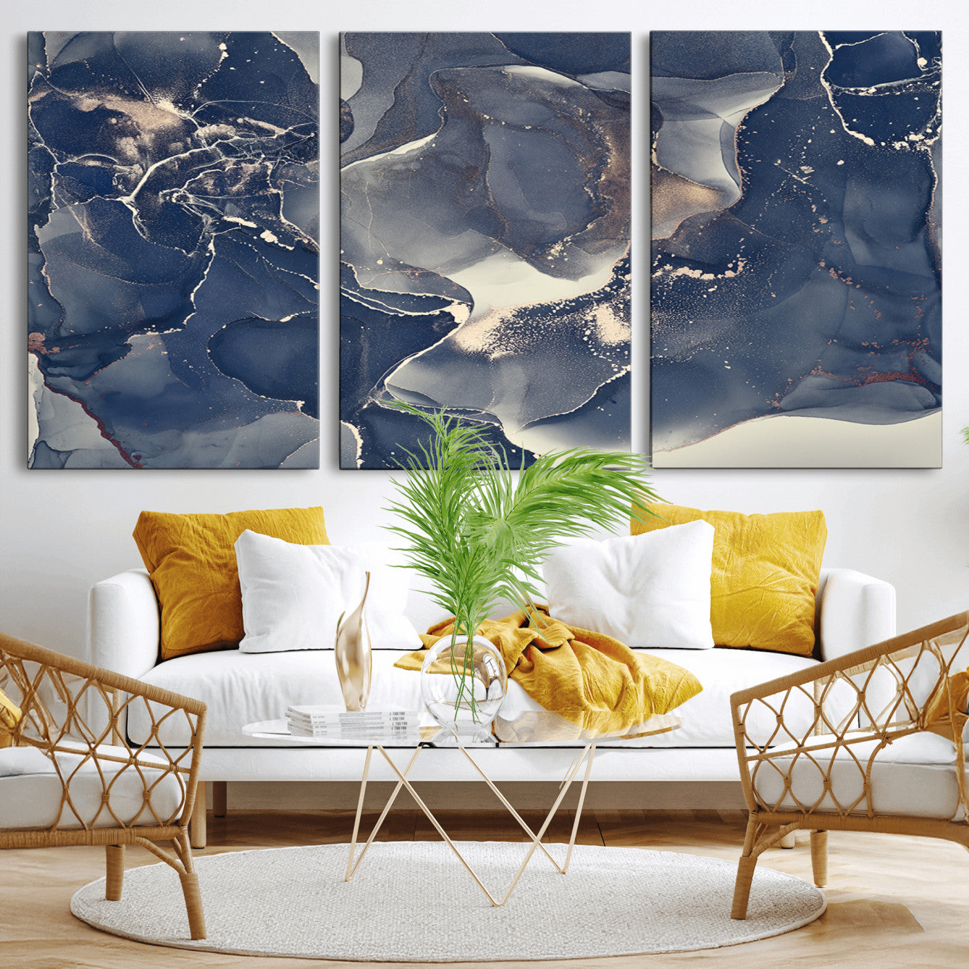 MGV-CV-60X30-3P - Large Abstract Blue and Gold Canvas Wall Art | Fluid Ink Artwork Print | Luxury Wall Decor for