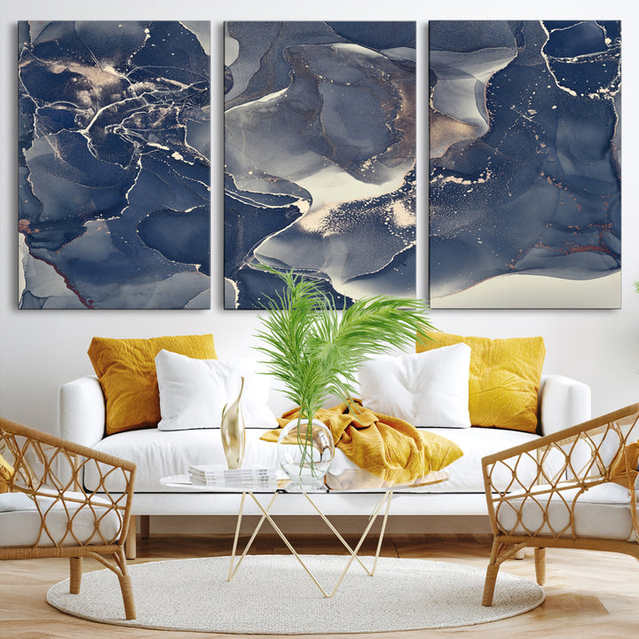 Large Abstract Blue and Gold Canvas Wall Art | Fluid Ink Artwork Print | Luxury Wall Decor for Contemporary Interiors | Framed Ready to Hang