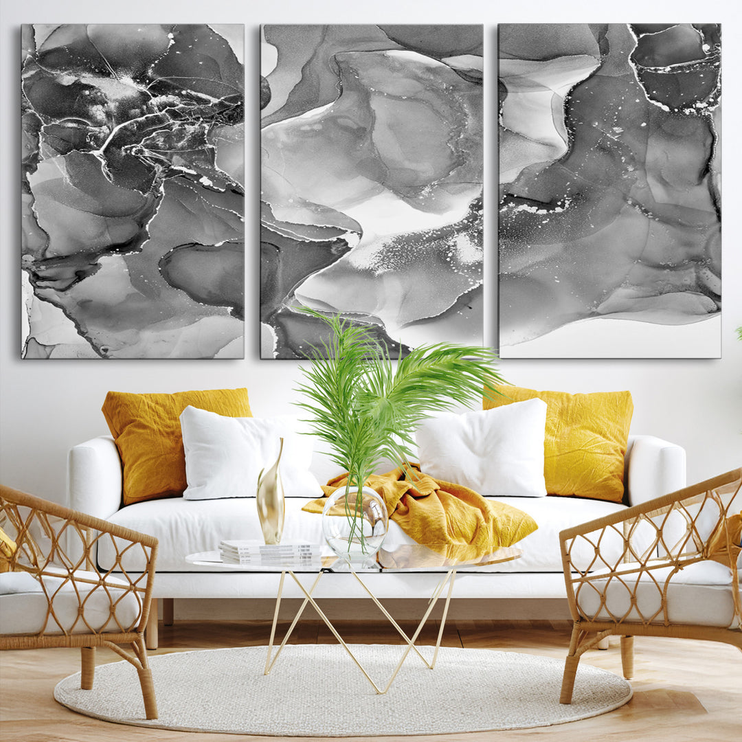 Black White Abstract Canvas Wall Art - Fluid Ink Artwork - Modern Luxury Wall Decor for Contemporary Interiors