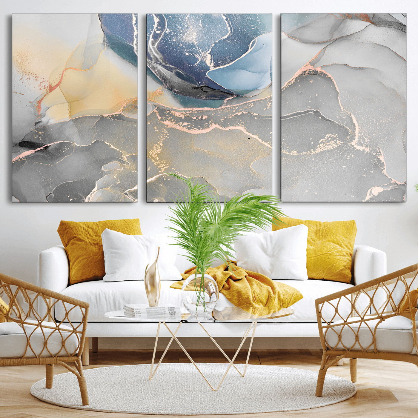 MGV-CV-60X30-3P - Large Abstract Blue and Gold Canvas Wall Art | Fluid Ink Artwork Print | Luxury Wall Decor for