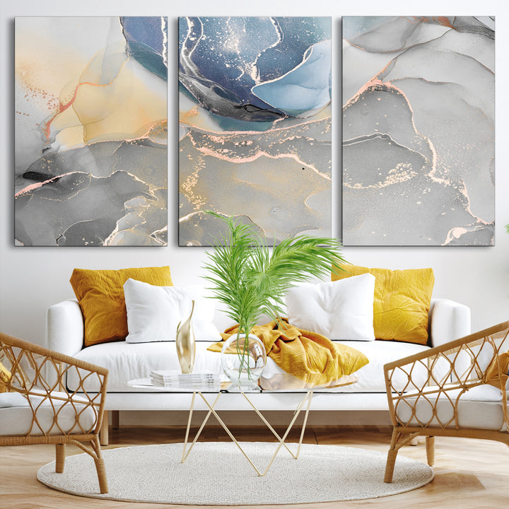 Large Abstract Blue and Gold Canvas Wall Art | Fluid Ink Artwork Print | Luxury Wall Decor for Contemporary Interiors | Framed Blue and Gold