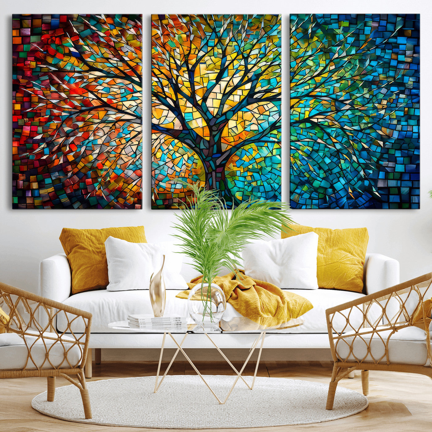 99325-MGV-CV-36X24-Yggdrasil Tree of Life Wall Art Print Canvas | Mosaic Style 3-Panel Canvas Print