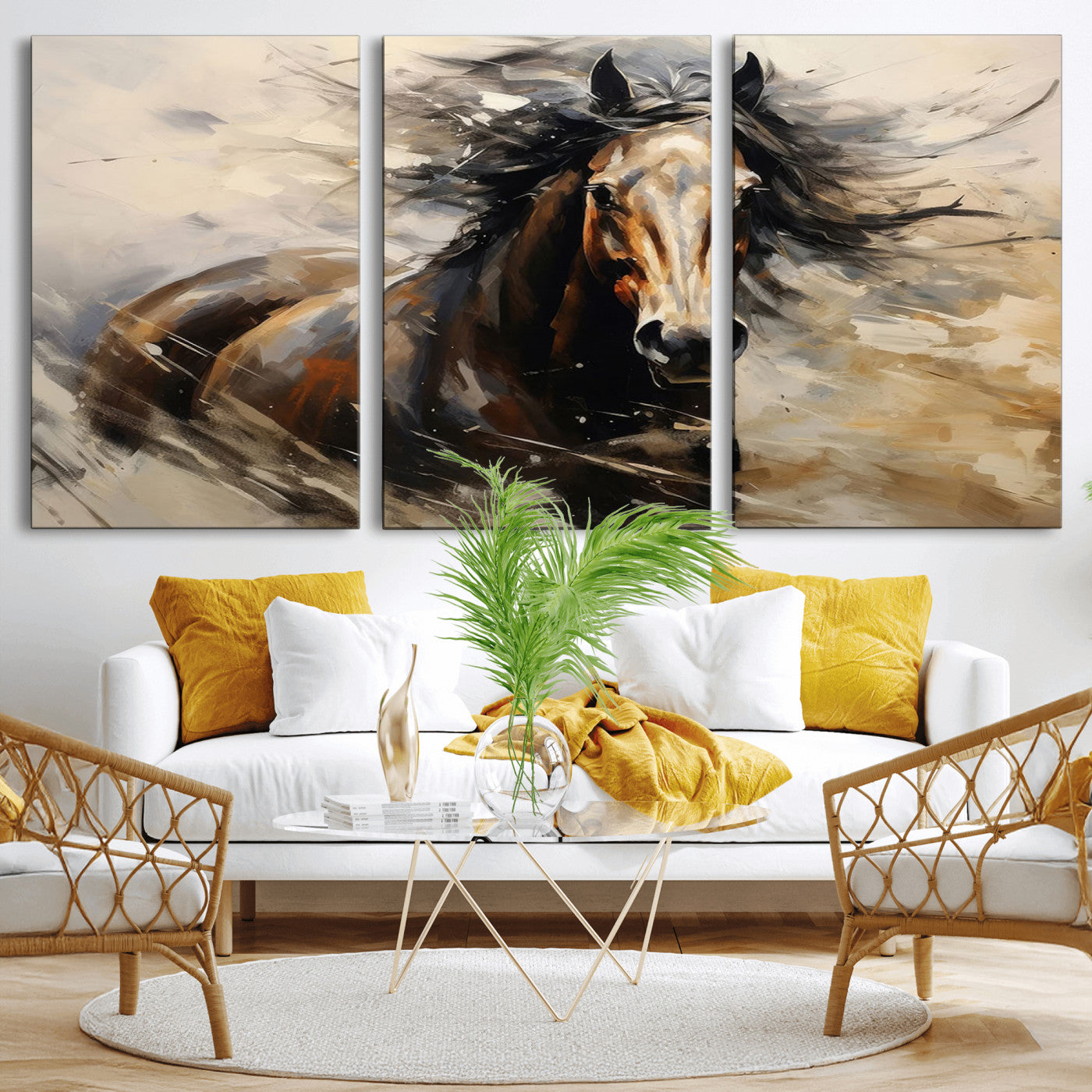MGV-CV-60X30-3P - Abstract Wall Art Horse Print - Large Western Horse Canvas - Farmhouse Woodland Wall Art - Framed