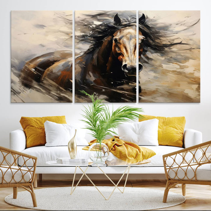 The Abstract Wall Art Horse Print adds rustic charm.