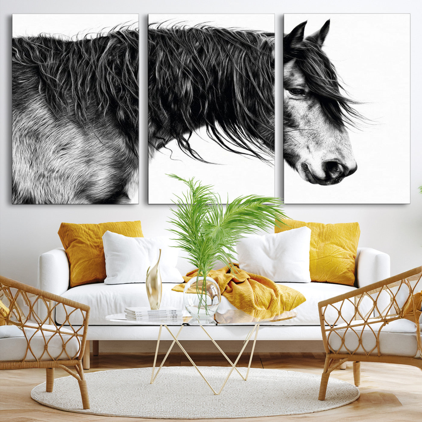 A stunning black-and-white portrait of a horse with a flowing mane, captured in dramatic detail and emotion.