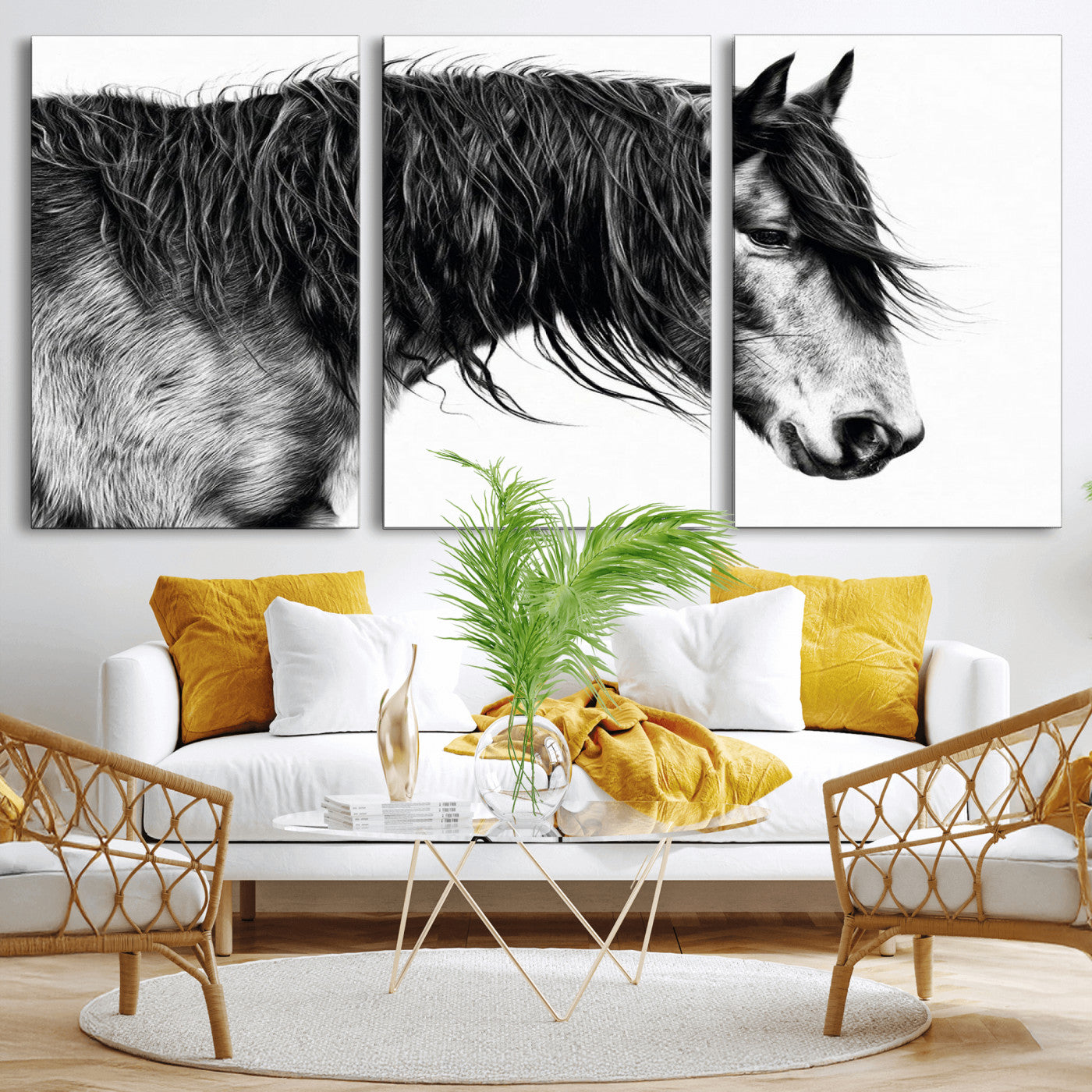 MGV-CV-60X30-3P - Black Horse Wall Art Canvas Print for Farmhouse Decor and Woodland Decoration