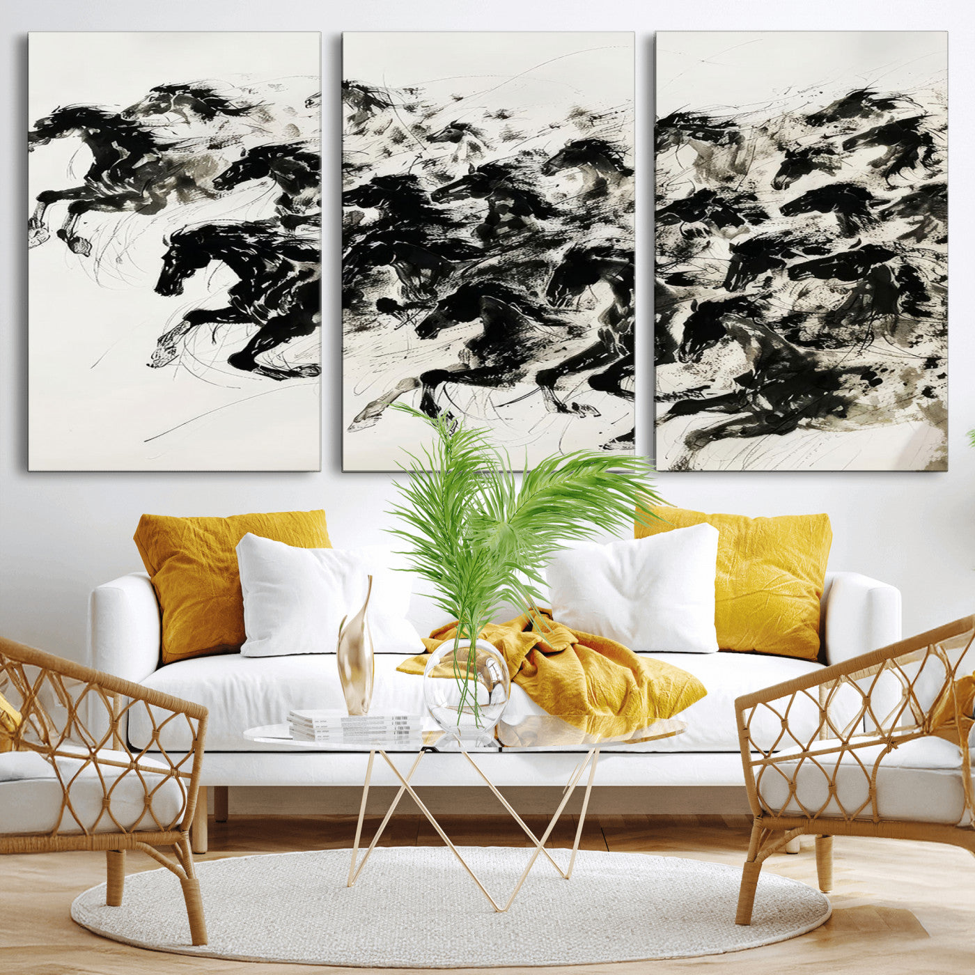 MGV-CV-60X30-3P - Abstract Horse Wall Art Canvas Print - Dynamic Black Ink Horse Print - Modern Equine Wall Decor for