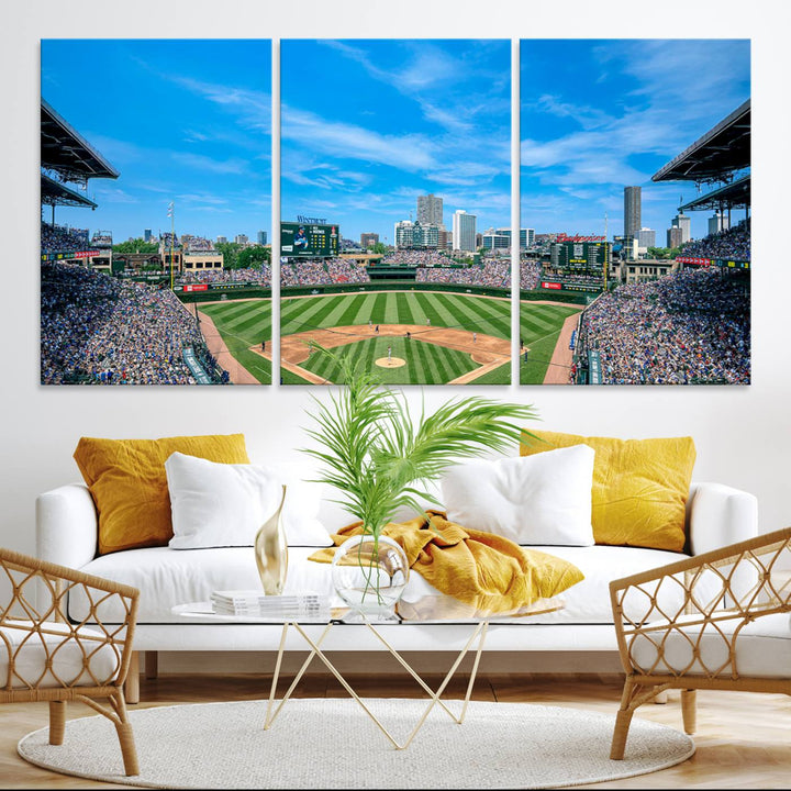 The Wrigley Field Chicago Cubs canvas art, depicting the iconic stadium, is perfect for sports lovers.