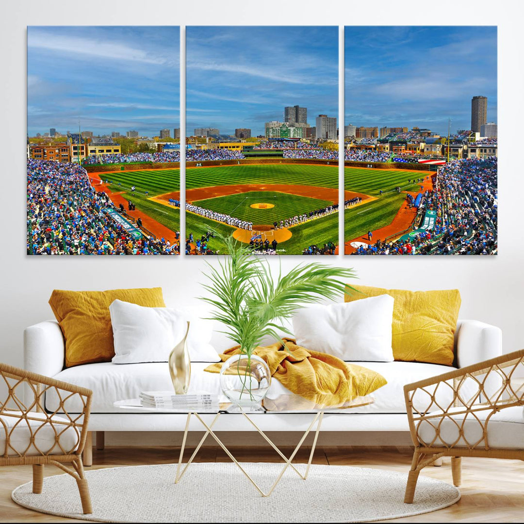 The Wrigley Field Cubs Panoramic Canvas Art hangs prominently in the modern living room.