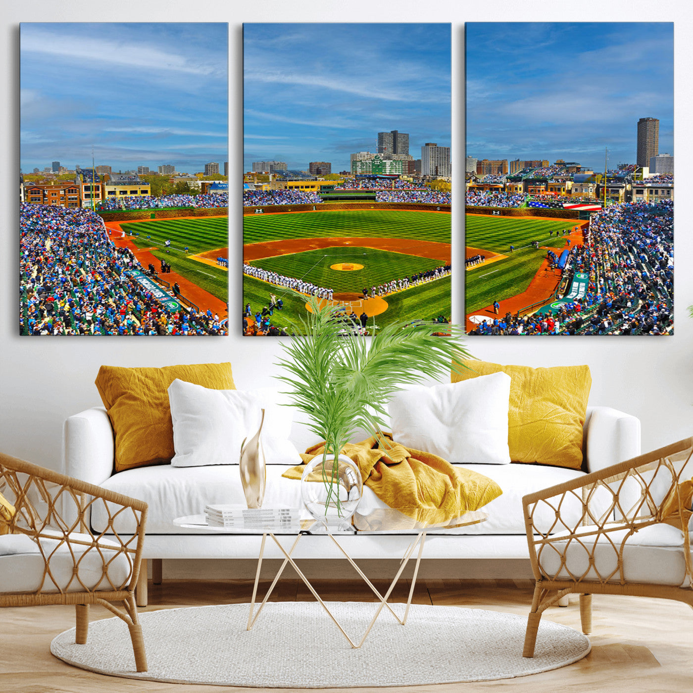 MGV-CV-60X30-3P - Wrigley Field Chicago Cubs Panoramic Multi Piece Canvas Wall Art - Iconic Baseball Stadium Canvas