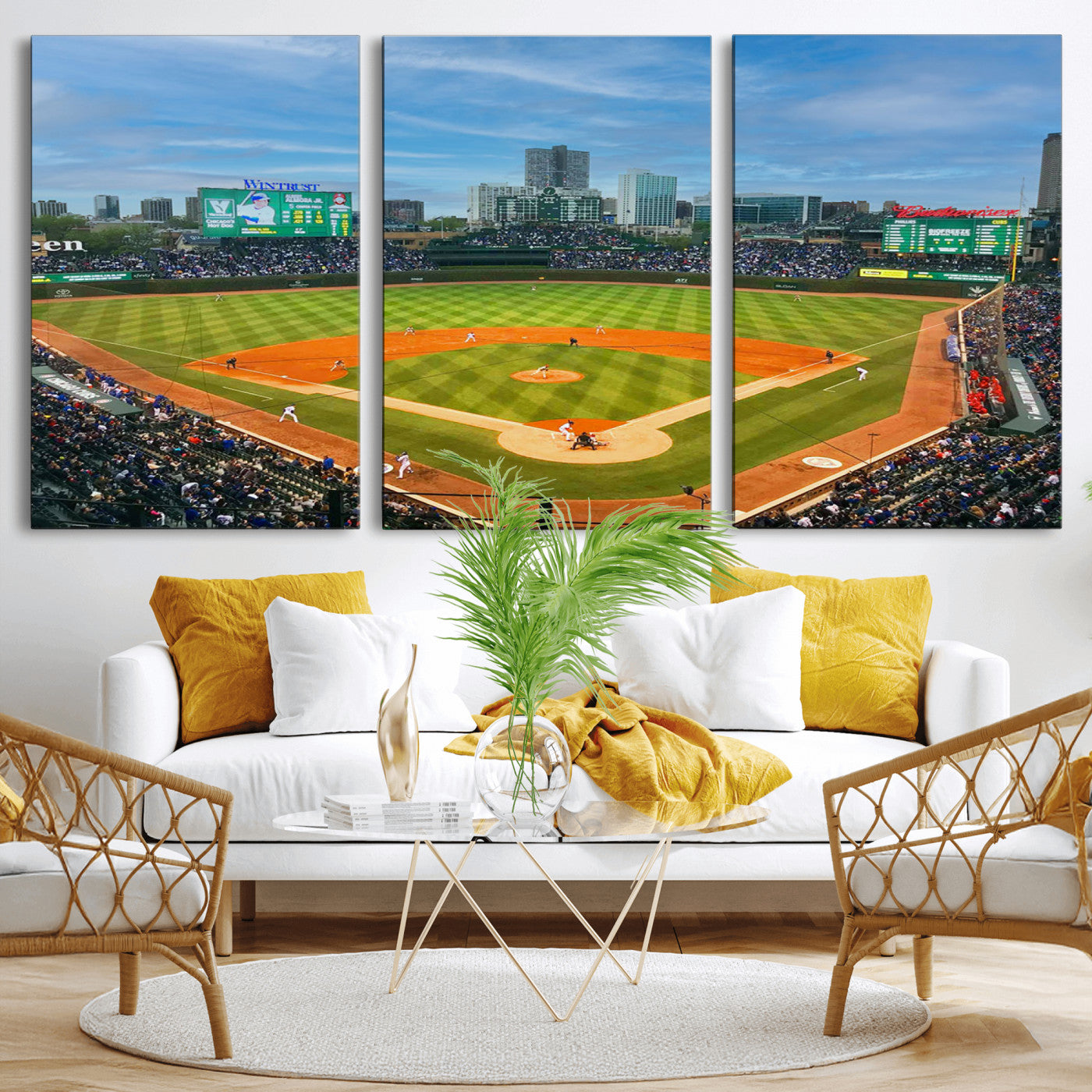 MGV-CV-60X30-3P - Wrigley Field Chicago Cubs Panoramic Multi Piece Canvas Wall Art - Iconic Baseball Stadium Print for