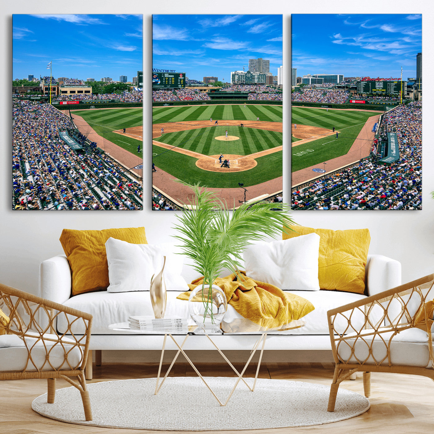26064-MGV-CV-30X20-Framed Wrigley Field Chicago Cubs Print, Panoramic Multi Piece Canvas Wall Art - Iconic Baseball Stadium Print for Sports Lovers - Ready to