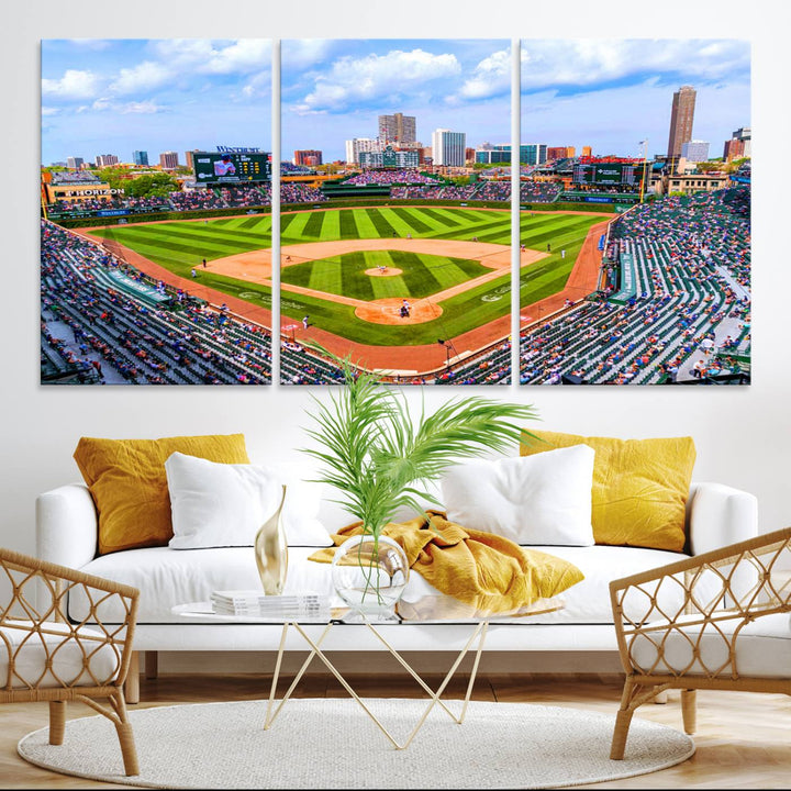 A 3-piece panoramic canvas wall art showcases an aerial view of a packed Chicago Cubs game at Wrigley Field, perfect for sports lovers.