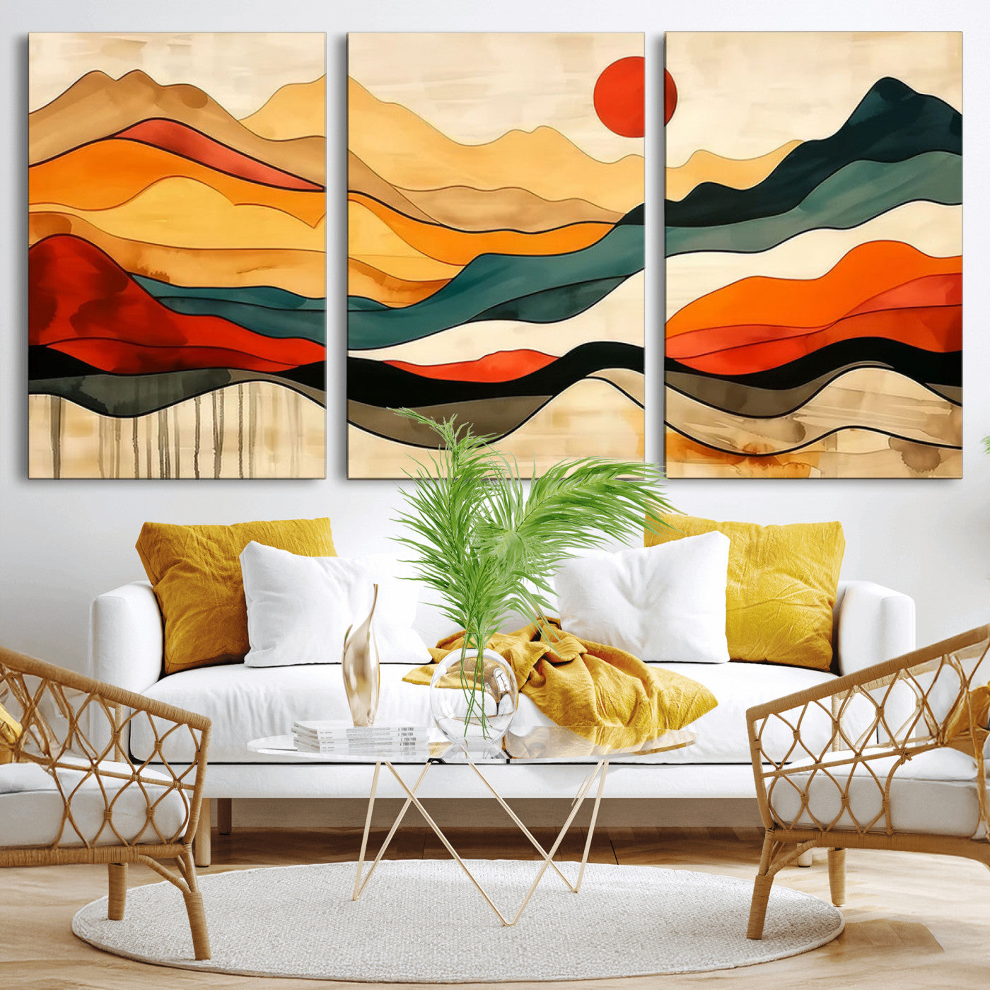 A vibrant abstract landscape featuring layered hills in rich earth tones with a striking red sun, evoking warmth and movement in a minimalist style.
