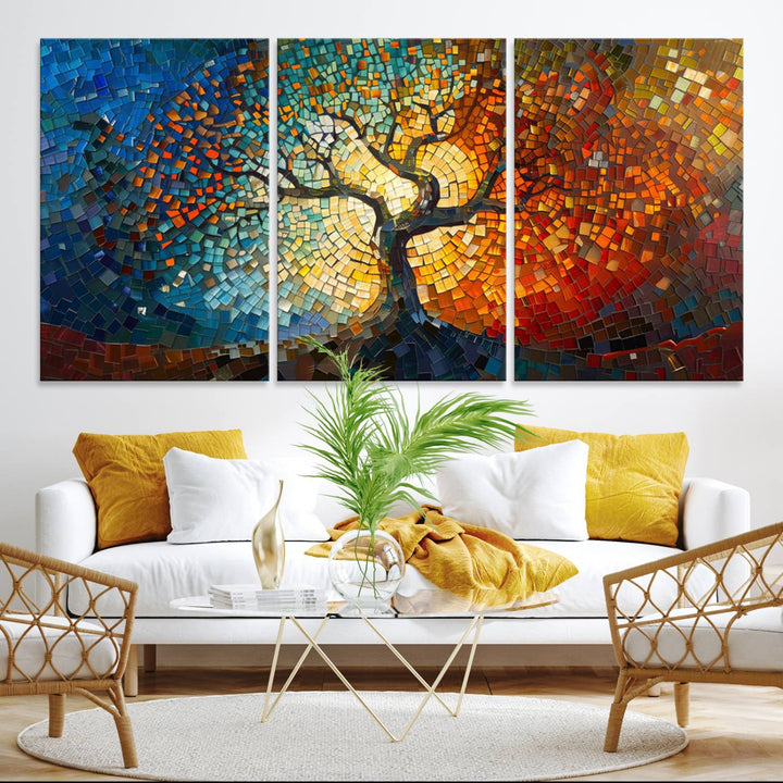 Mosaic Tree Canvas Wall Art: A stunning stained glass-inspired Tree of Life featuring blue and orange swirling patterns reminiscent of a sunburst.