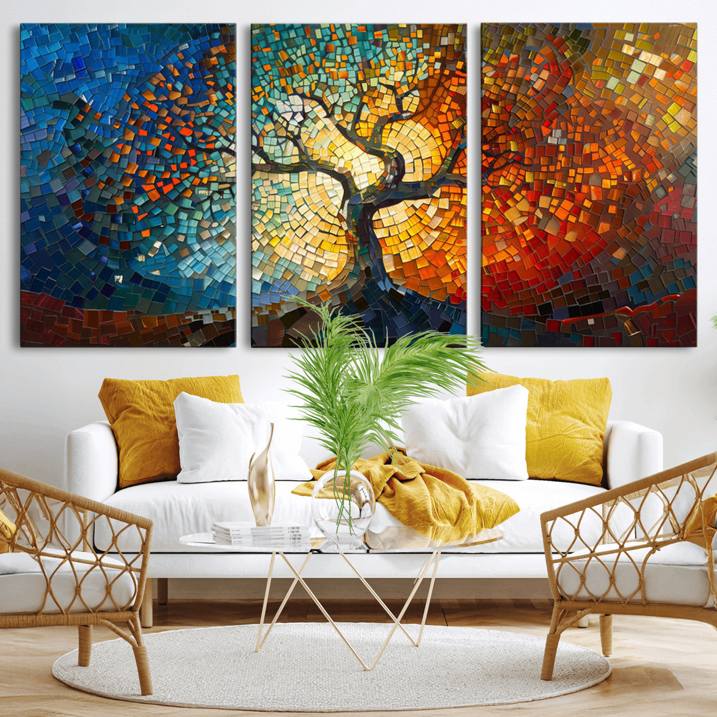 MGV-CV-60X30-3P - Mosaic Tree Canvas Wall Art Canvas Print – Vibrant Stained Glass-Inspired Tree of Life - Ready to