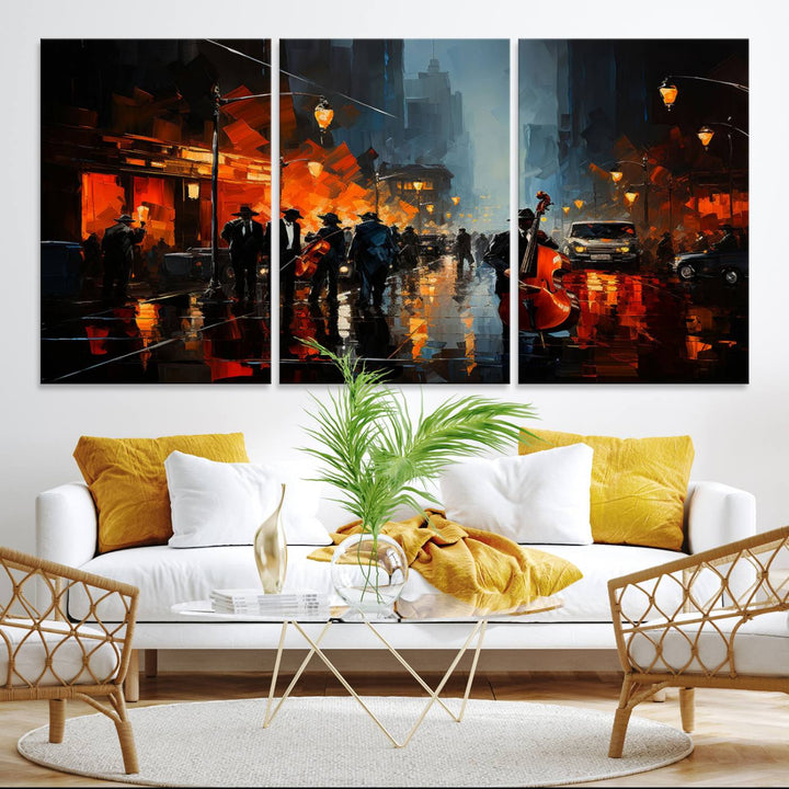 Framed Abstract Music Canvas: Jazz musicians on a rainy city street at night, with warm lights reflecting on wet pavement.