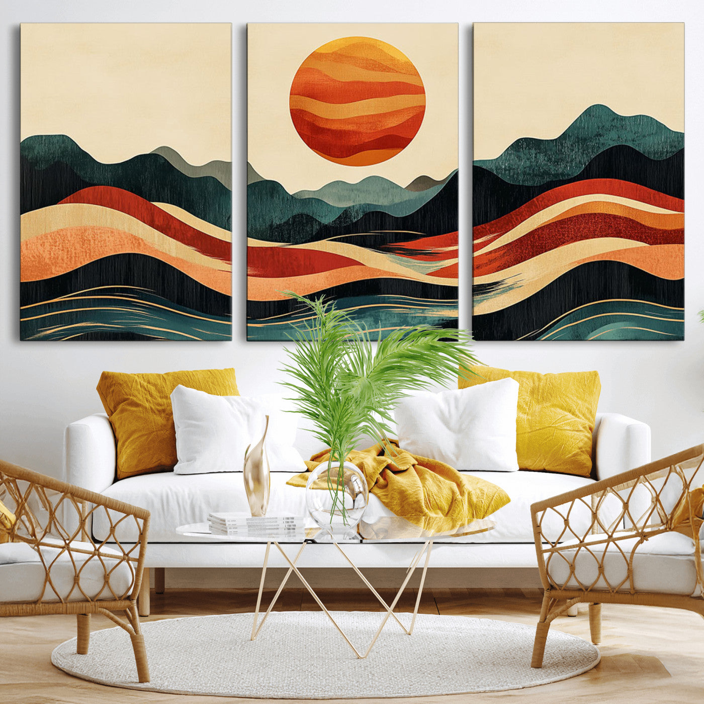 MGV-CV-60X30-3P - Mountain Triptych Wall Art - Western Nature Prints - Framed Boho Pine Tree Canvas for Log Cabin or