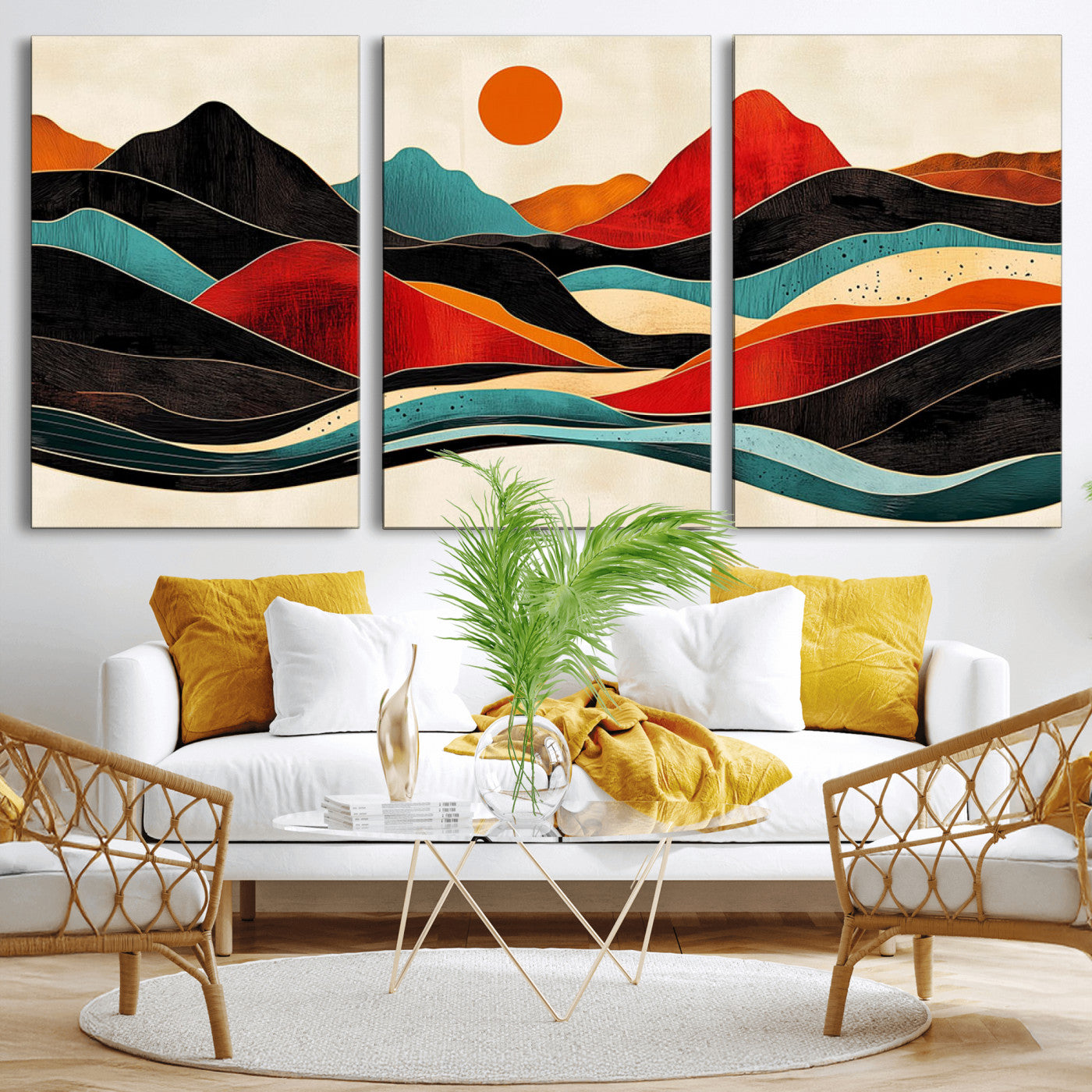 MGV-CV-60X30-3P - Western Wall Decor - Large Triptych Mountain Canvas - Boho Woodland Wall Art Print - Framed