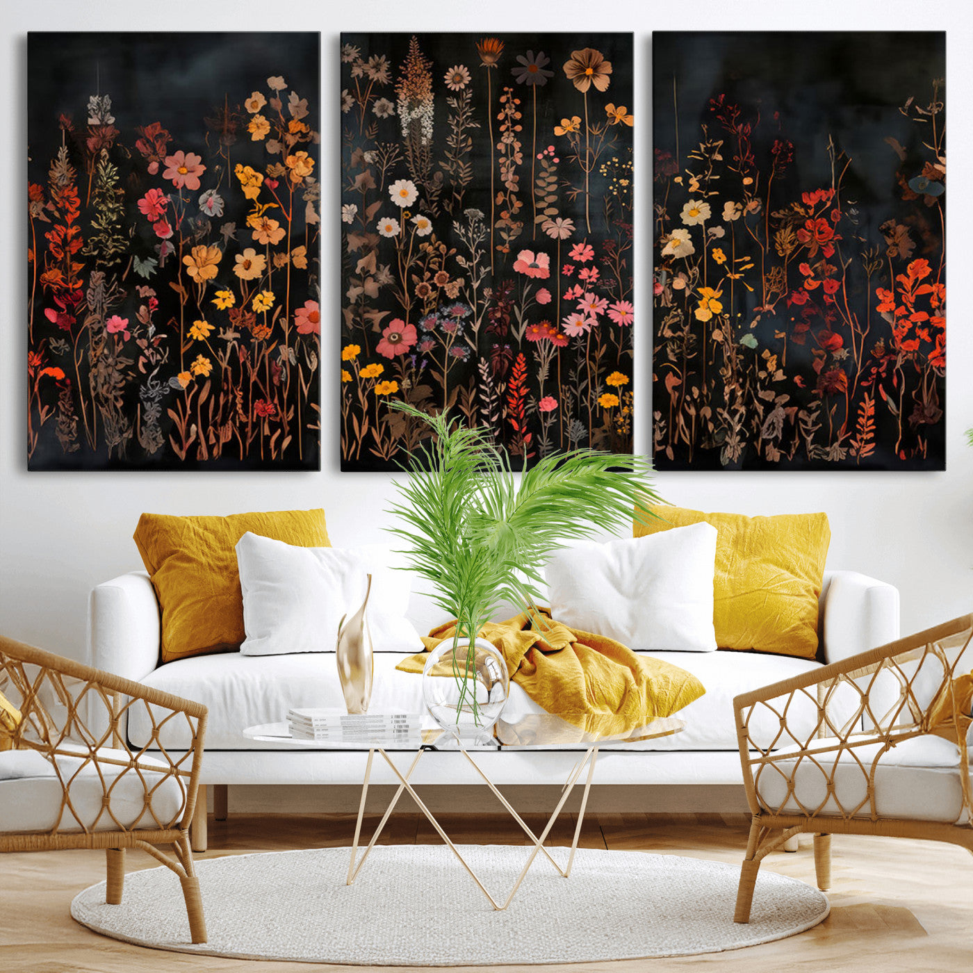 MGV-CV-60X30-3P - Dark Floral Canvas Wall Art - Moody Botanical Flower Print - Rustic Floral Wall Decor for Home -