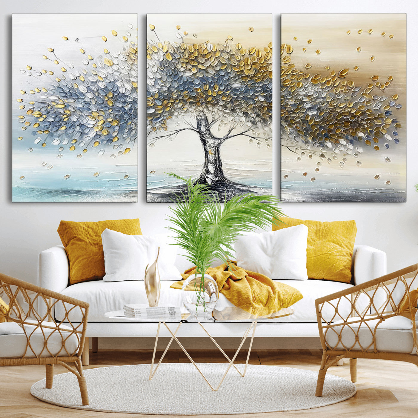 An elegant impasto painting featuring a tree with shimmering silver and gold leaves, blending soft pastels to create a calm and sophisticated atmosphere.