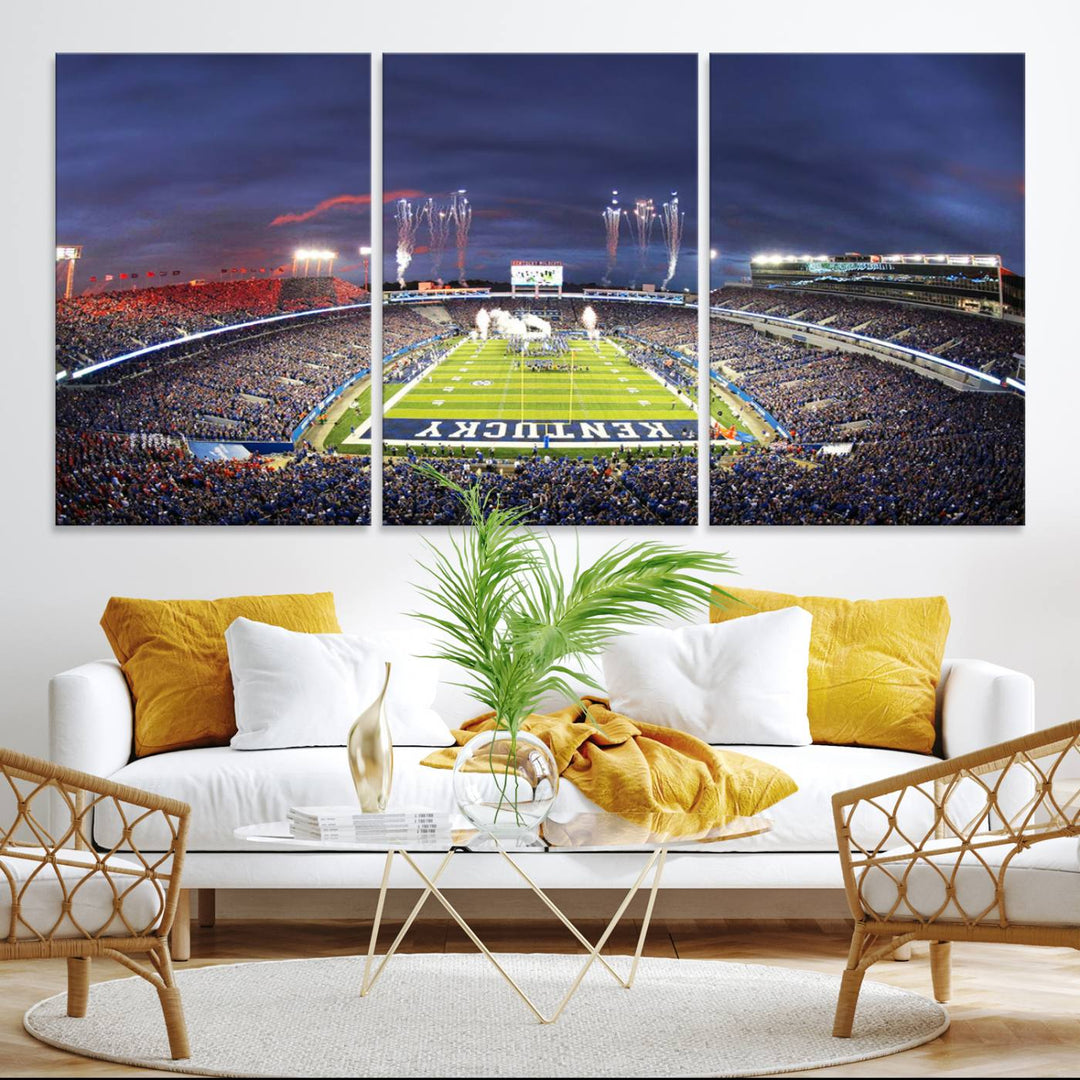 A filled stadium at dusk and fireworks overhead are beautifully captured in the Kroger Field Canvas Wall Art - Sunset Football Stadium Decor.