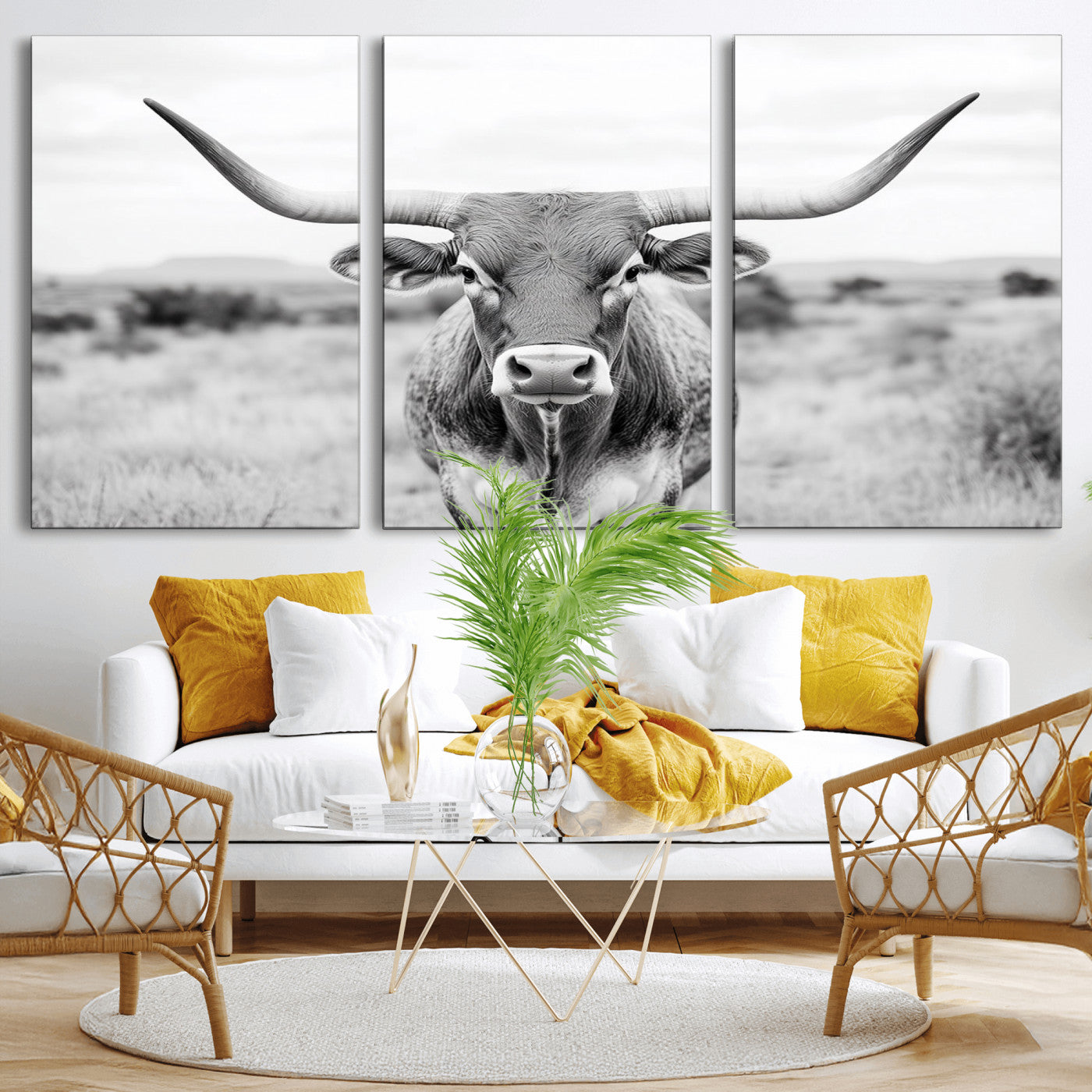 MGV-CV-60X30-3P - Highland Cow Wall Art Print - Black and White Texas Western Longhorn Canvas - Farmhouse Decor Print