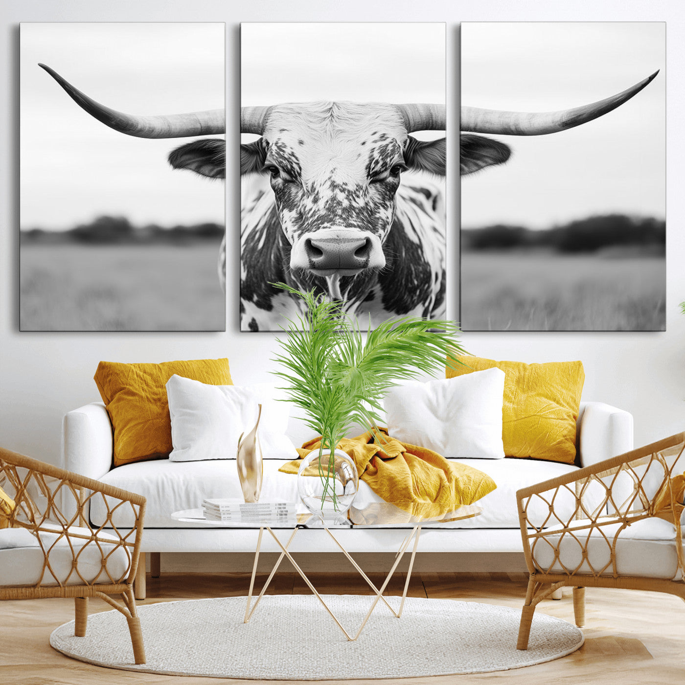 MGV-CV-60X30-3P - Highland Cow Wall Art - Black and White Western Longhorn Canvas Print - Farmhouse Living Room Decor