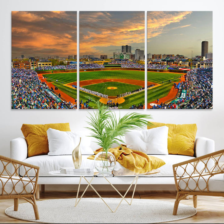 Aerial view of Wrigley Field at sunset against a vibrant sky, creating the perfect Chicago Wrigley Field Canvas Wall Art.