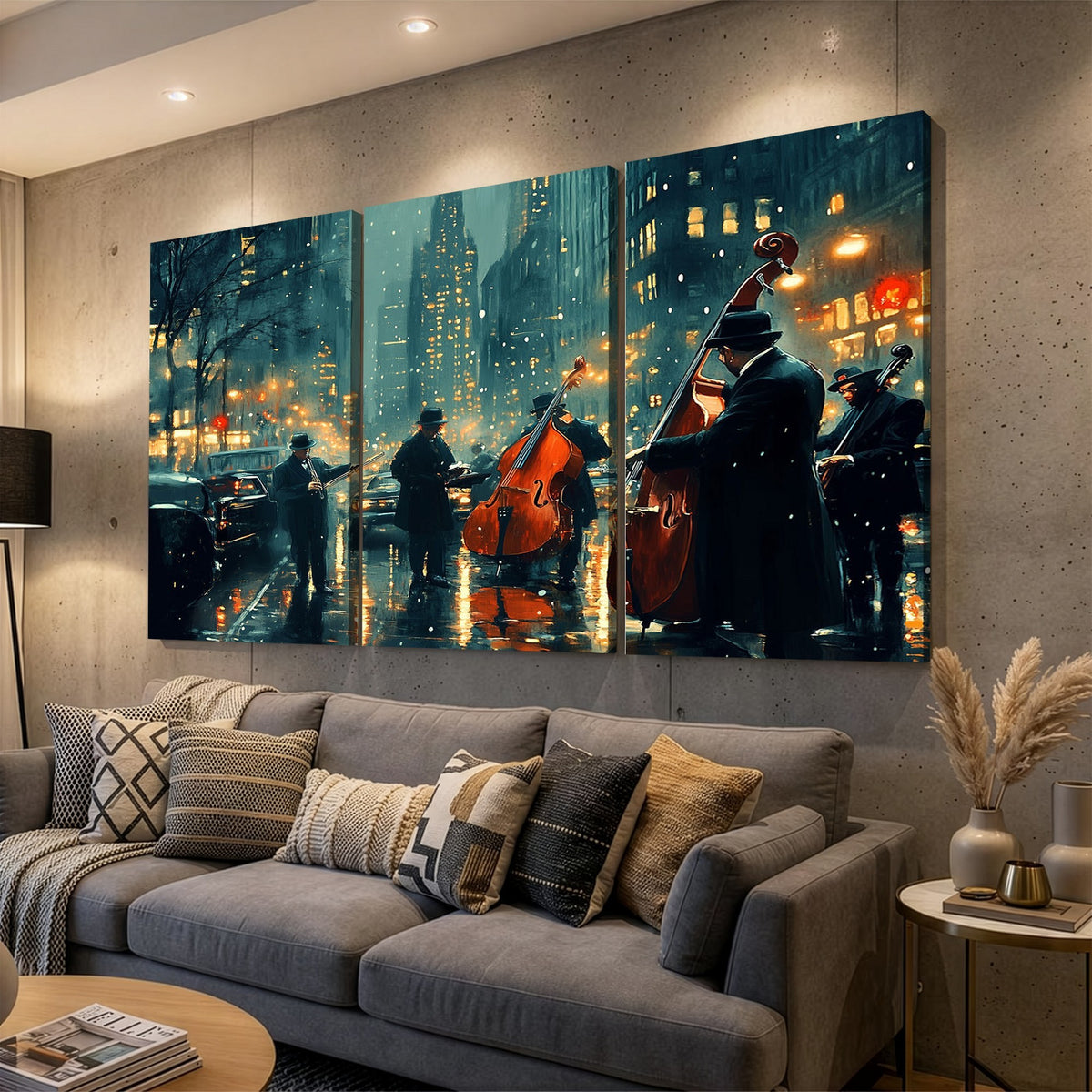 53391-MGV-CV-24X16 - Urban Night Jazz Wall Art Canvas Print | Moody Rain Soaked City Street Band Scene