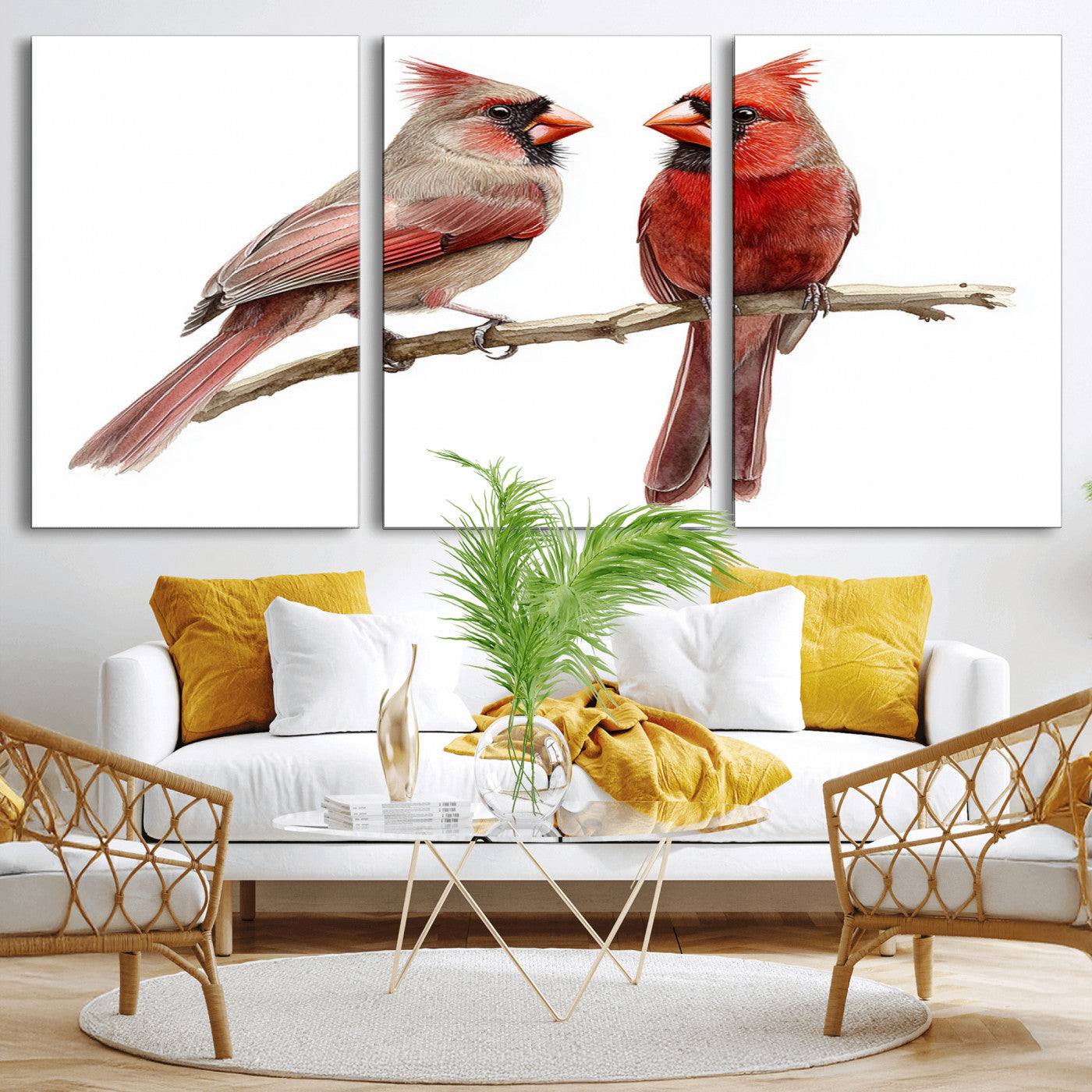 MGV-CV-60X30-3P - Cardinal Bird Canvas Wall Art - Male and Female Cardinal Print - Abstract Bird Wall Decor for Home -