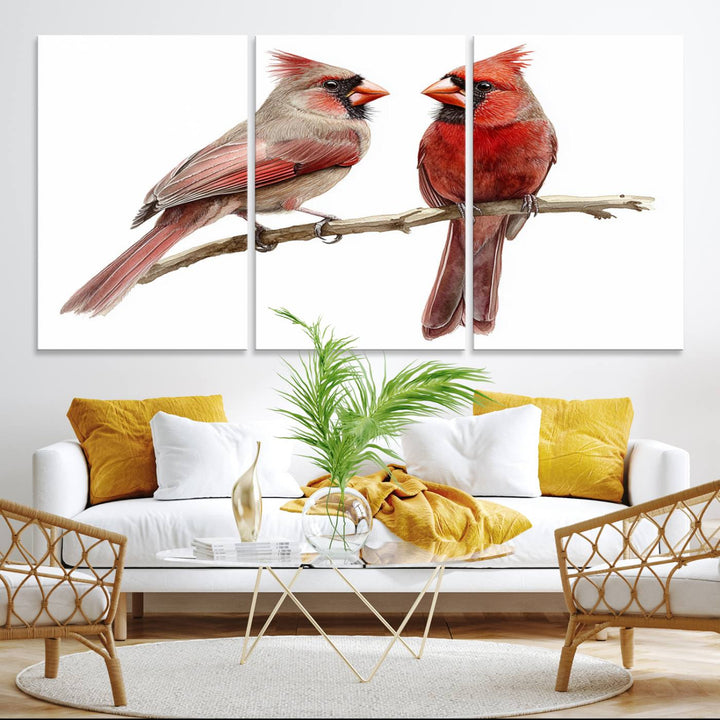 The Cardinal Bird Canvas Wall Art showcases two cardinals on a branch.