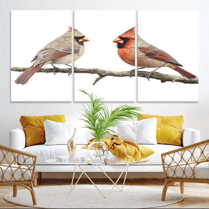 A Cardinal Canvas Wall Art print of cardinals on a branch hangs prominently.