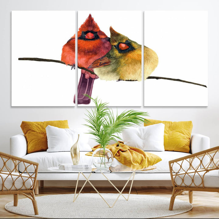 The Cardinal Bird Canvas Wall Art showcases vibrant male and female cardinals, capturing the beauty of nature in vivid detail.