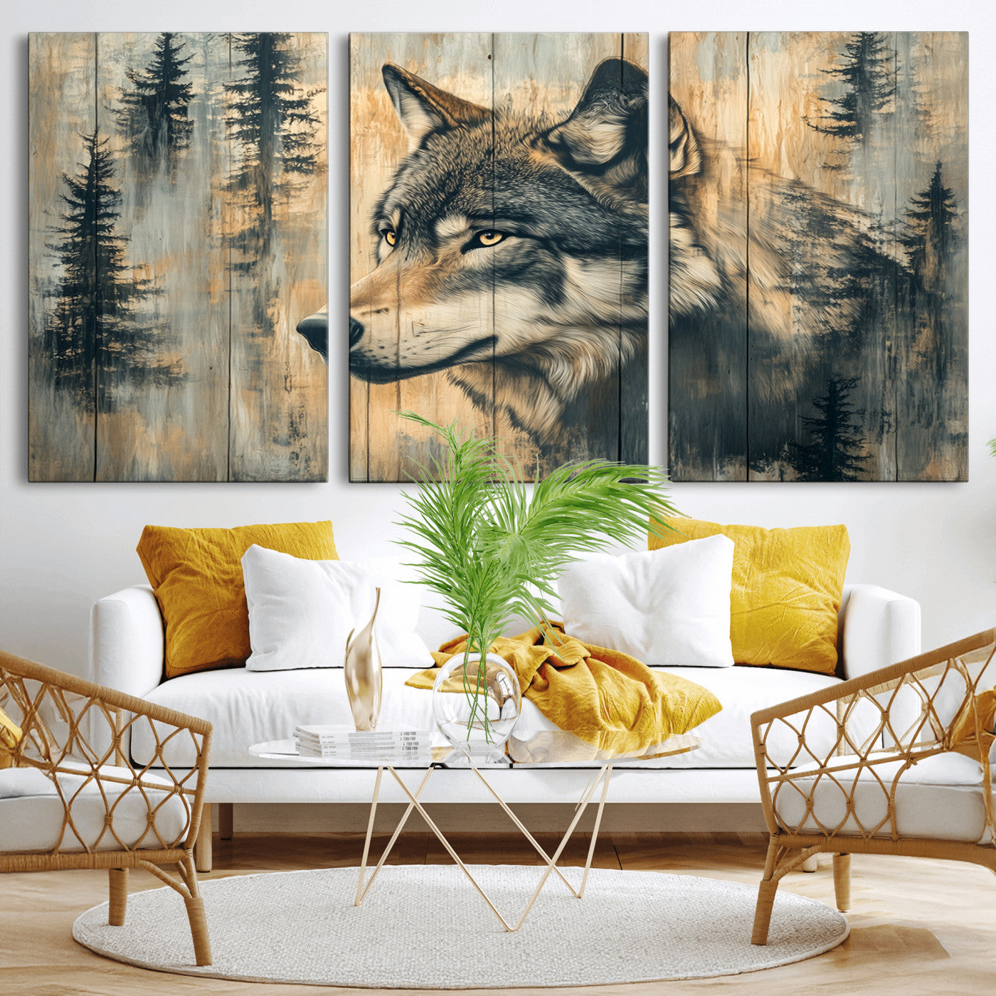 MGV-CV-60X30-3P - Wood Style Rustic Wolf Wall Art Canvas Print, Vintage Woodland Wolf Wall Art, Framed Wood Style Wolf