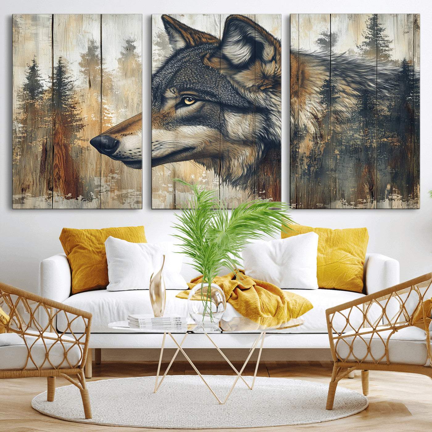 MGV-CV-60X30-3P - Rustic Wolf Wall Art Canvas Print, Vintage Woodland Wolf Wall Art
