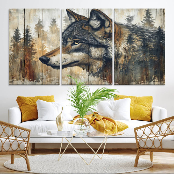 A kitchen dining area features Rustic Wolf Wall Art.