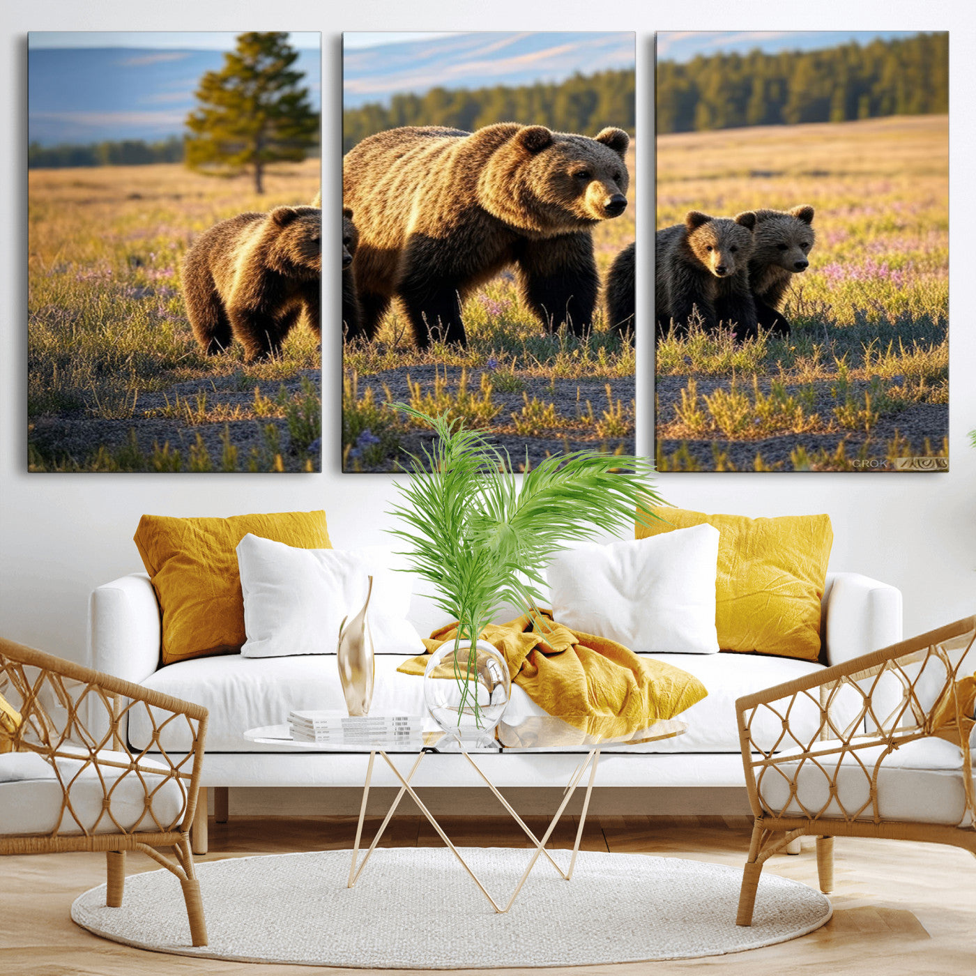 MGV-CV-60X30-3P - Grizzly 399 in Wild Flowers Wall Art Canvas Print, Grizzly Bears Wall Art, Queen of Grand Teton
