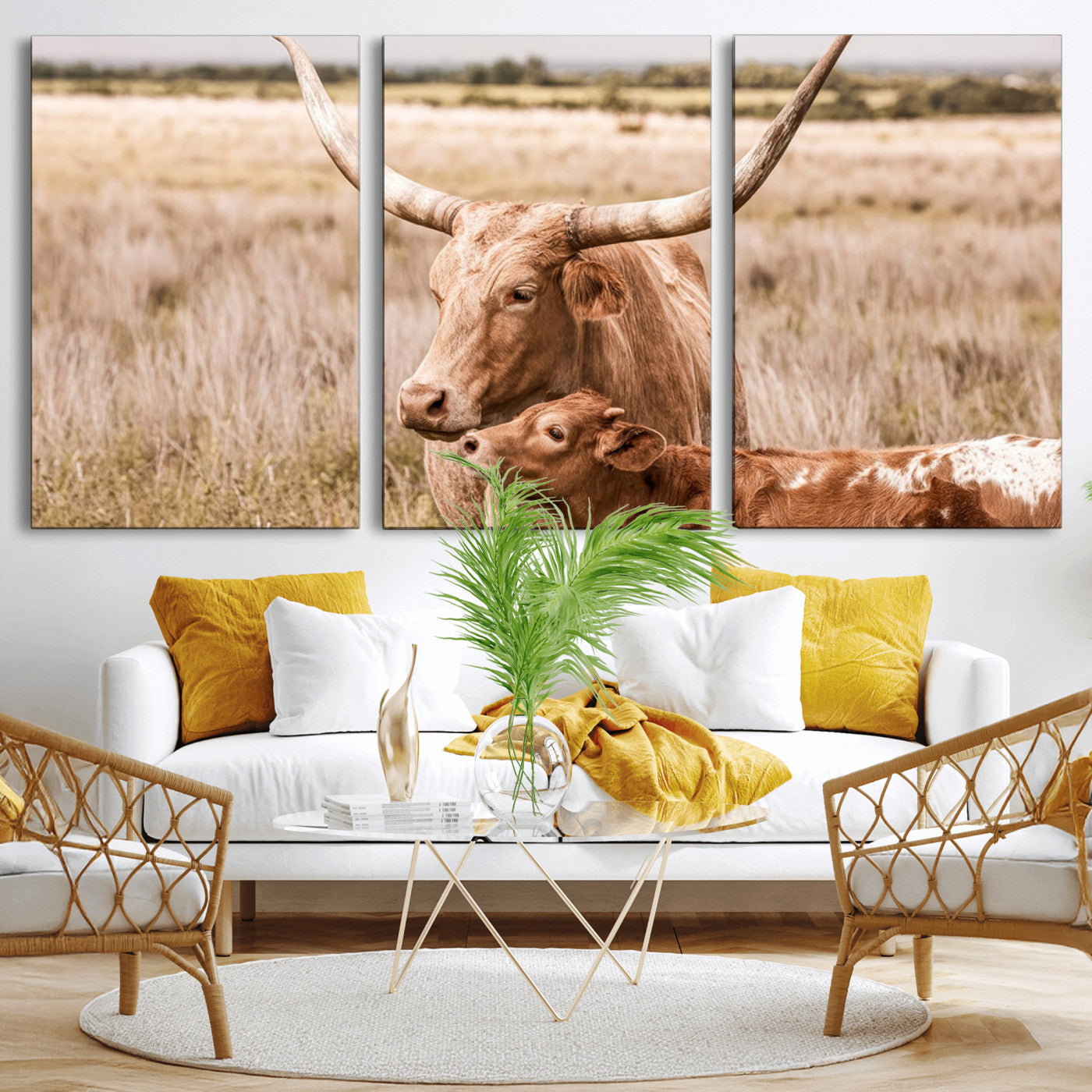 MGV-CV-60X30-3P - Texas Longhorn Cow Wall Art Canvas Print for Farmhouse Wall Art, Texas Decor, Western Wall Art Print